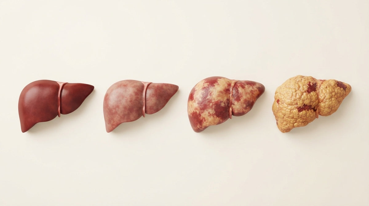 Healthy tissue, left, through to heavy scarring and fat, right. The organ enlarges, pales and coarsens as the road is travelled.
