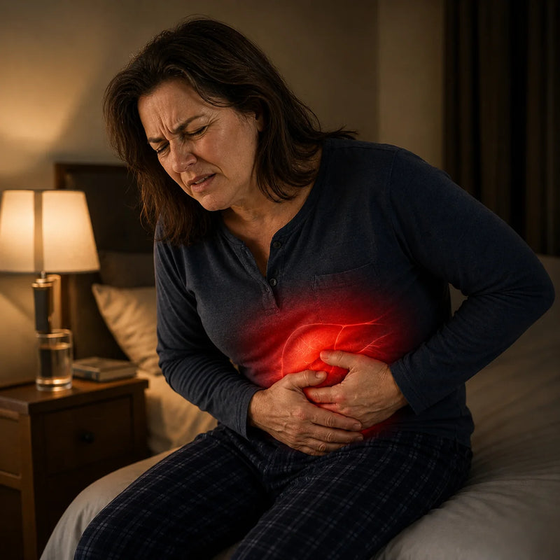 Woman with stomach pain at night