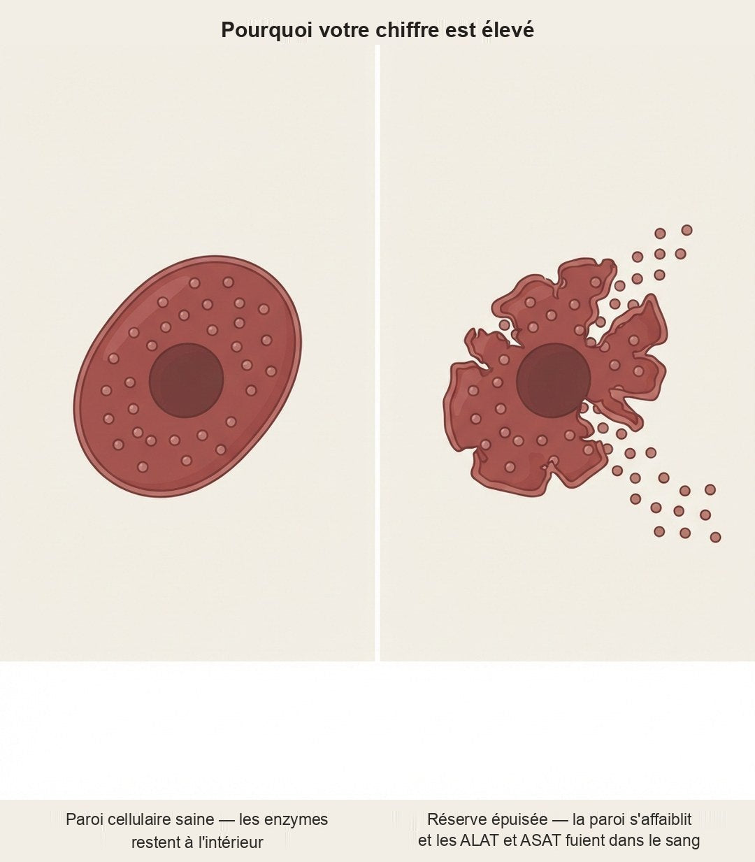 Two liver cells: one with an intact wall, one leaking enzymes through gaps