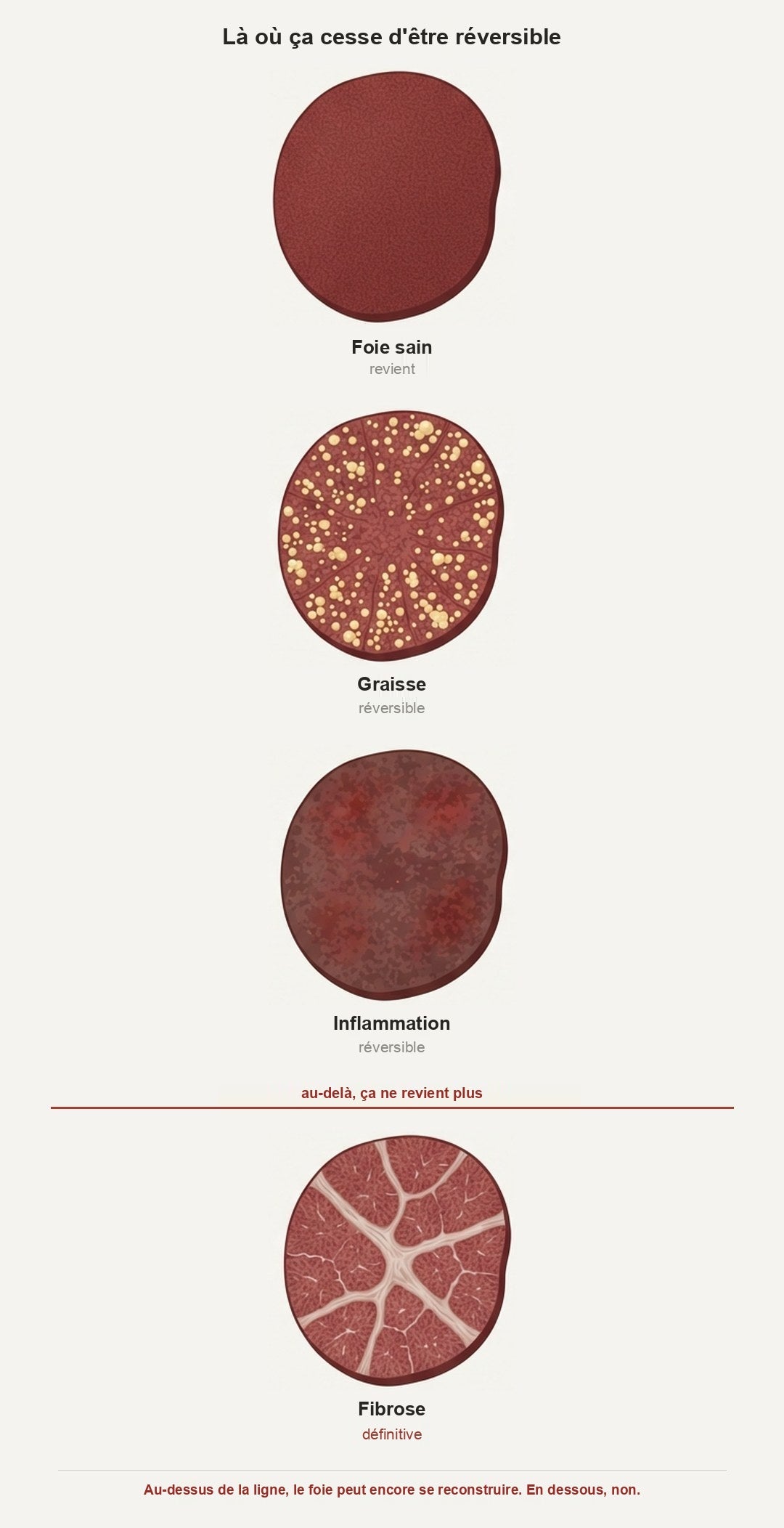 Four stages of liver tissue from healthy to scarred, with the reversible line marked